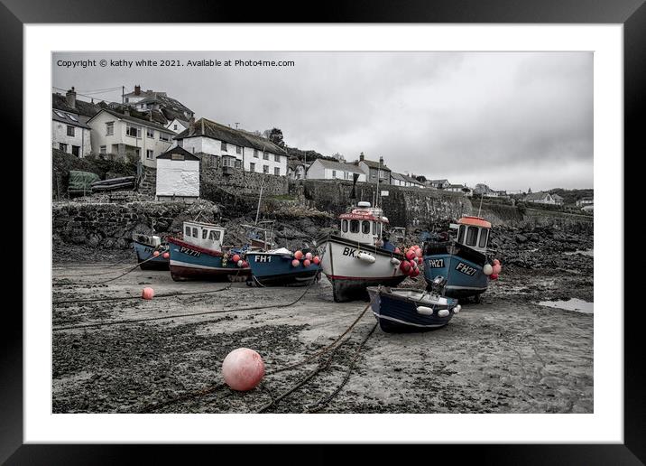 Coverack Cornwall at low tide,fishermans  Framed Mounted Print by kathy white