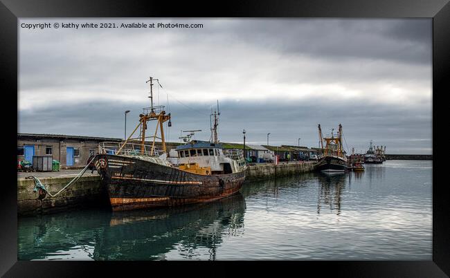 Fishing boat wreck,Newlyn; harbour; Cornwall Framed Print by kathy white