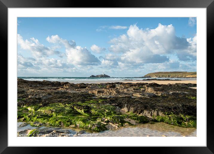 Gwithian  beach Cornwall,with Godrevy lighthouse Framed Mounted Print by kathy white