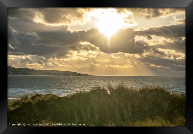 Hayle beach at sunset cornwall Framed Print by kathy white