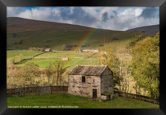 Swaledale Barns and Rainbow Nov 2022 (1) Framed Print by Richard Laidler