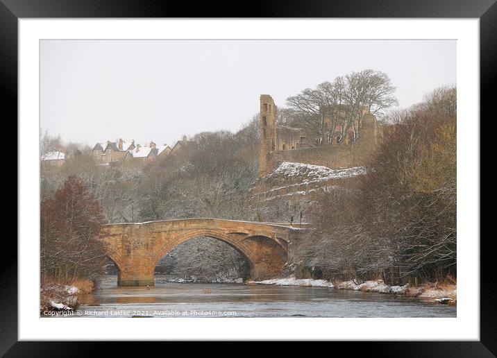 The County Bridge and Castle Ruins, Barnard Castle, Teesdale, in Winter Framed Mounted Print by Richard Laidler