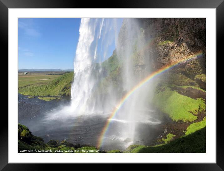 Rainbow in front of Seljalandsfoss waterfall, Iceland Framed Mounted Print by Lensw0rld 