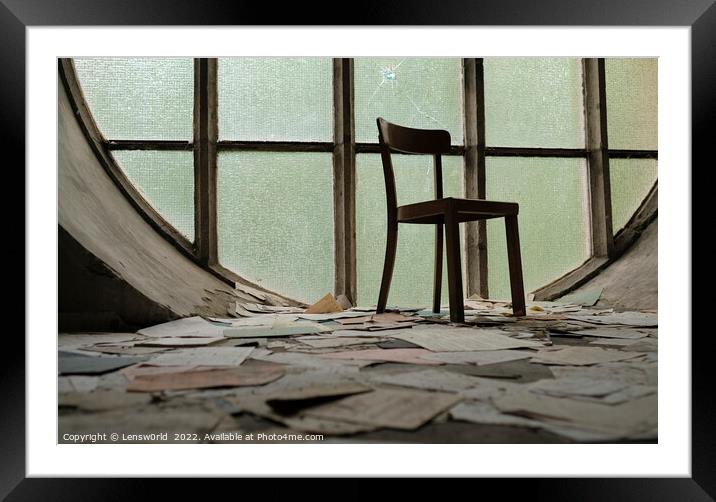A chair in front of a window in an abandoned church Framed Mounted Print by Lensw0rld 