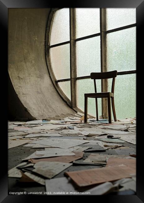 A chair in front of a window in an abandoned church Framed Print by Lensw0rld 