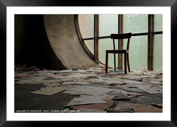 A chair in front of a window in an abandoned church Framed Mounted Print by Lensw0rld 