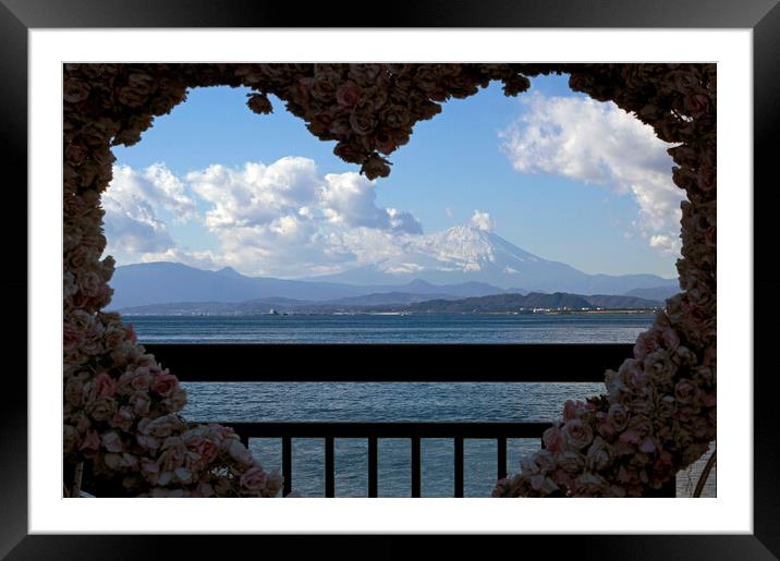 Mount Fuji seen through a heart-shaped frame with flowers Framed Mounted Print by Lensw0rld 