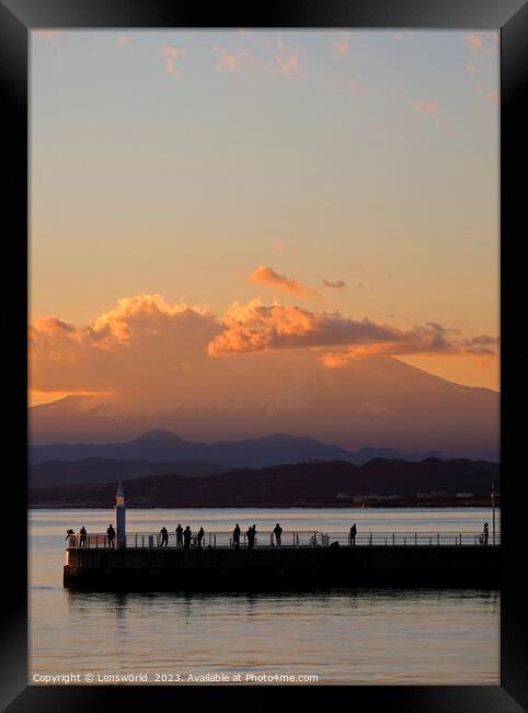 Mount Fuji during sunset seen from Enoshima, Japan Framed Print by Lensw0rld 