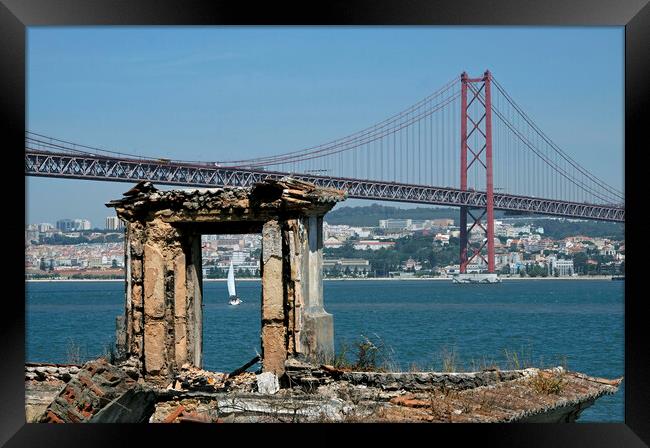 Coastal view in Lisbon, Portugal, with bridge and boat Framed Print by Lensw0rld 