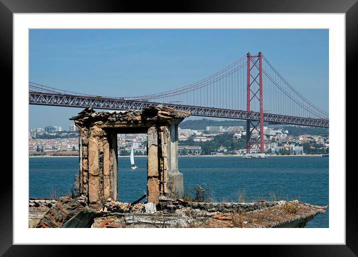 Coastal view in Lisbon, Portugal, with bridge and boat Framed Mounted Print by Lensw0rld 