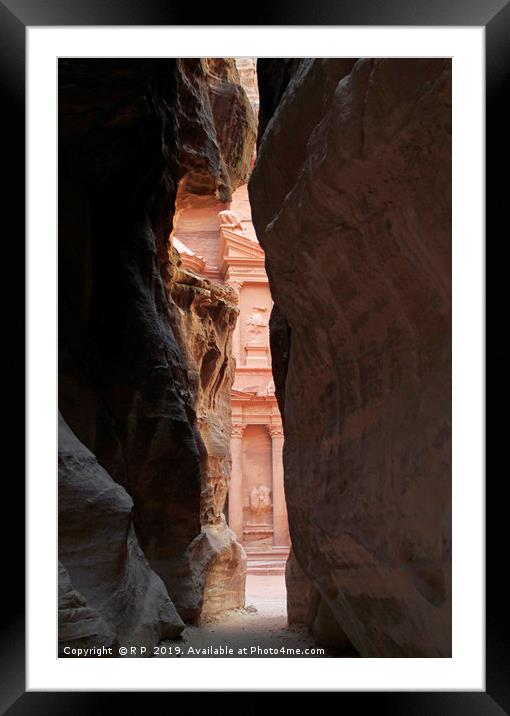Spotting the Treasury through the Siq in Petra Framed Mounted Print by Lensw0rld 