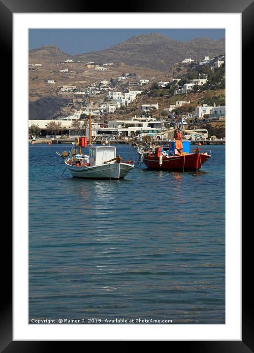 Fishing boats in the harbor of Mykonos Framed Mounted Print by Lensw0rld 
