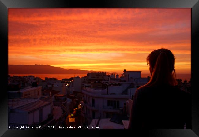 Girl watching the sunset in Heraklion, Crete, Gree Framed Print by Lensw0rld 
