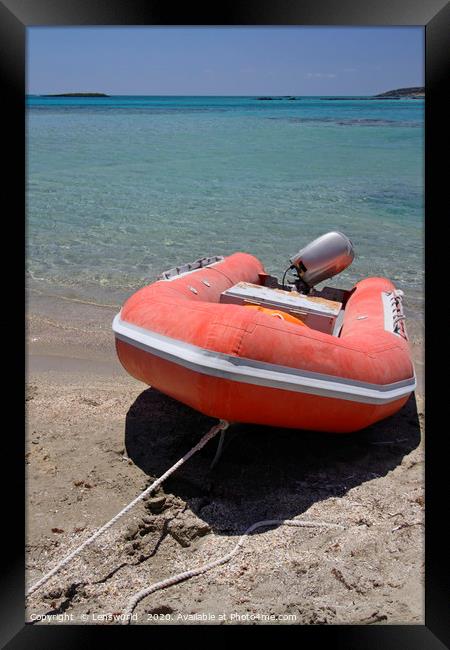 Red rubber boat at Elafonisi beach in Crete Framed Print by Lensw0rld 