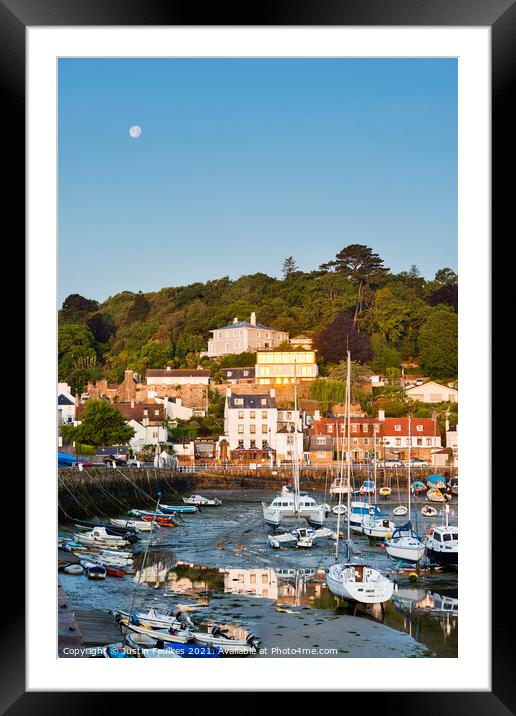 Full moon over the harbour, St. Aubin, Jersey, Channel Islands Framed Mounted Print by Justin Foulkes