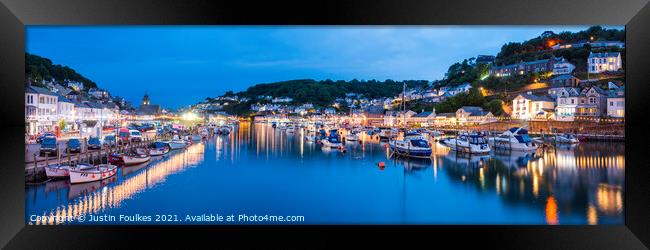 Looe night time panorama, Cornwall Framed Print by Justin Foulkes