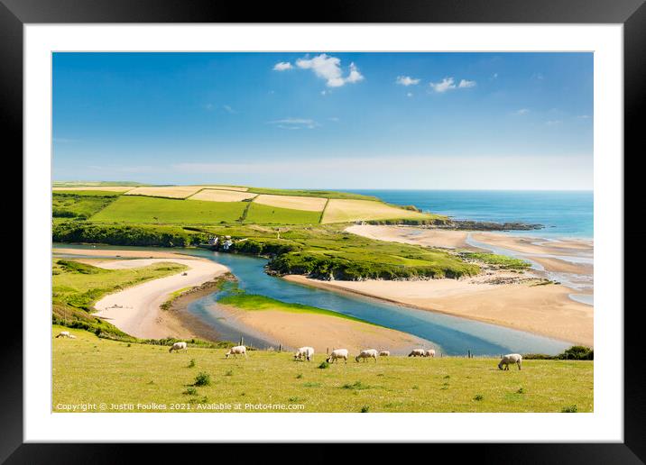Sheep above Bantham beach, South Devon Framed Mounted Print by Justin Foulkes