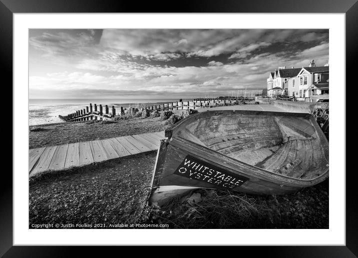Oyster boat on the seafront at Whitstable, Kent Framed Mounted Print by Justin Foulkes