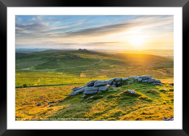 Haytor from Rippon Tor, at sunrise, Dartmoor Framed Mounted Print by Justin Foulkes