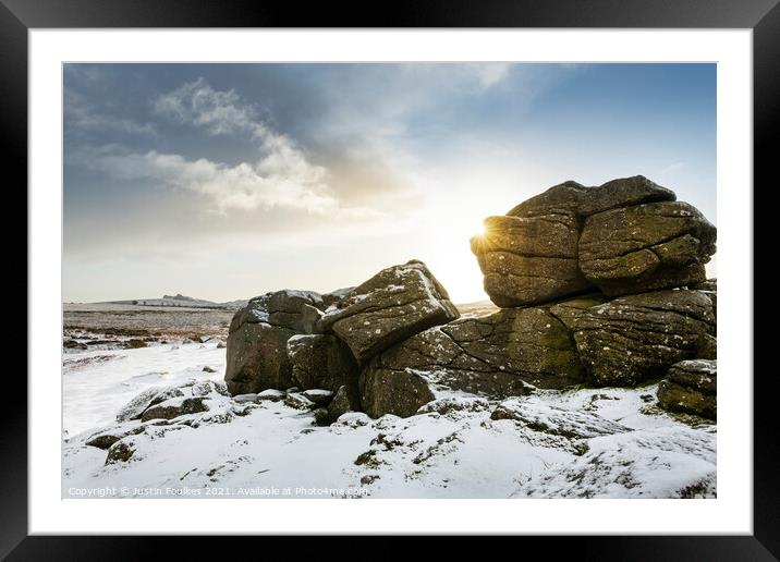 Winter at Bonehill Rocks, with Haytor beyond, Dart Framed Mounted Print by Justin Foulkes