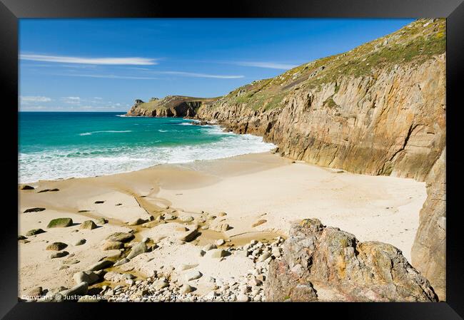 Nanjizal beach at Mill Bay, near Land's End Framed Print by Justin Foulkes