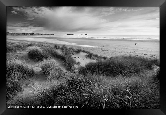 Rhossili surfers Framed Print by Justin Foulkes