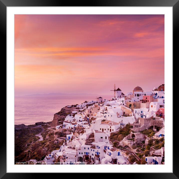Oia, at sunset, Santorini, Greece Framed Mounted Print by Justin Foulkes