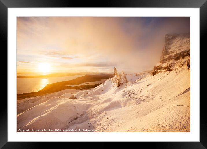 Winter view of The Old Man of Storr at sunrise Framed Mounted Print by Justin Foulkes