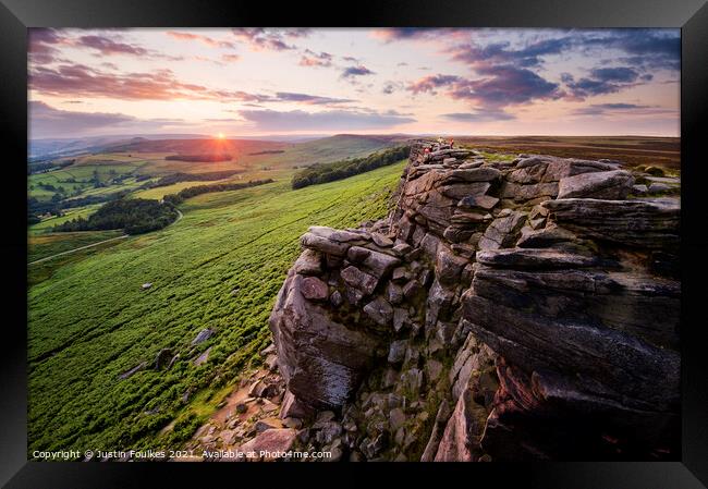 Stanage Edge at sunset, Peak District National Park Framed Print by Justin Foulkes