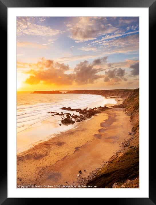 Marloes Sands at sunset, Pembrokeshire, Wales Framed Mounted Print by Justin Foulkes