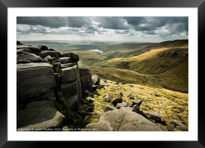 Kinder reservoir from Kinder Scout, Peak District  Framed Mounted Print by Justin Foulkes