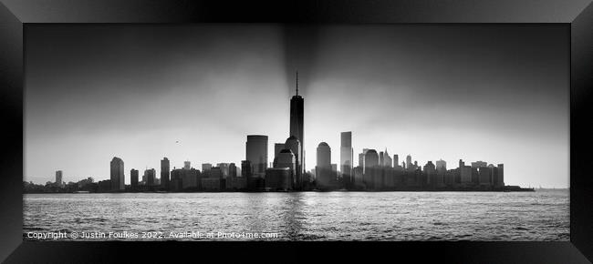 Lower Manhattan dawn skyline Panorama, New York Framed Print by Justin Foulkes