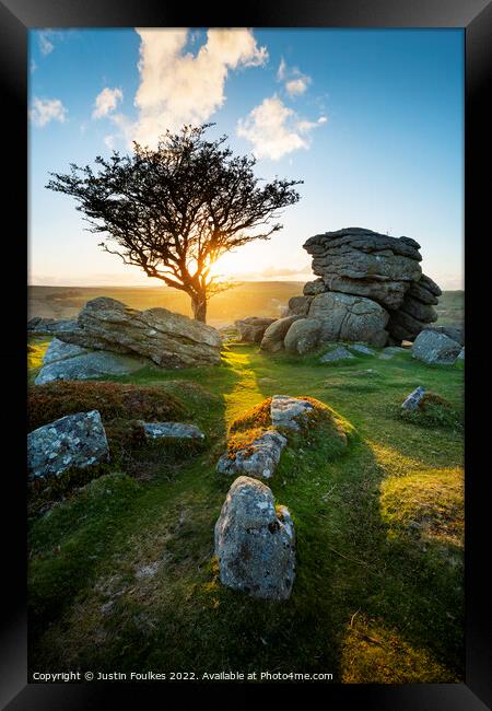 Emsworthy Rocks sunset, Dartmoor Framed Print by Justin Foulkes
