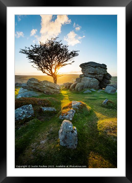 Emsworthy Rocks sunset, Dartmoor Framed Mounted Print by Justin Foulkes