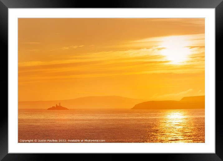 Sunrise over Godrevy Lighthouse, West Cornwall Framed Mounted Print by Justin Foulkes