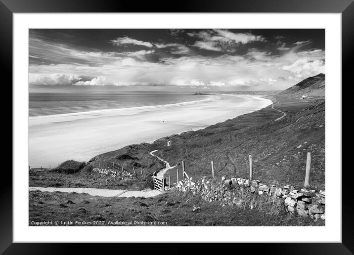 The path to Rhossili Beach, in black and white Framed Mounted Print by Justin Foulkes