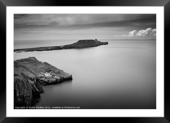 Worm's head, Rhossili Bay, Wales, in black and white Framed Mounted Print by Justin Foulkes