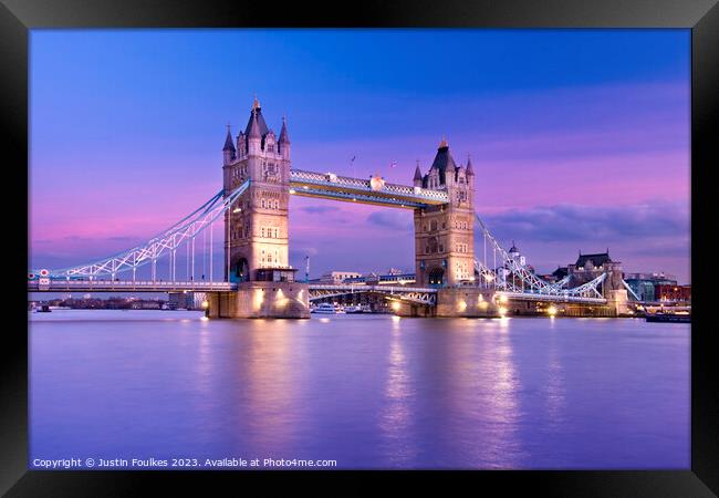 Tower Bridge at dusk, River Thames, London Framed Print by Justin Foulkes
