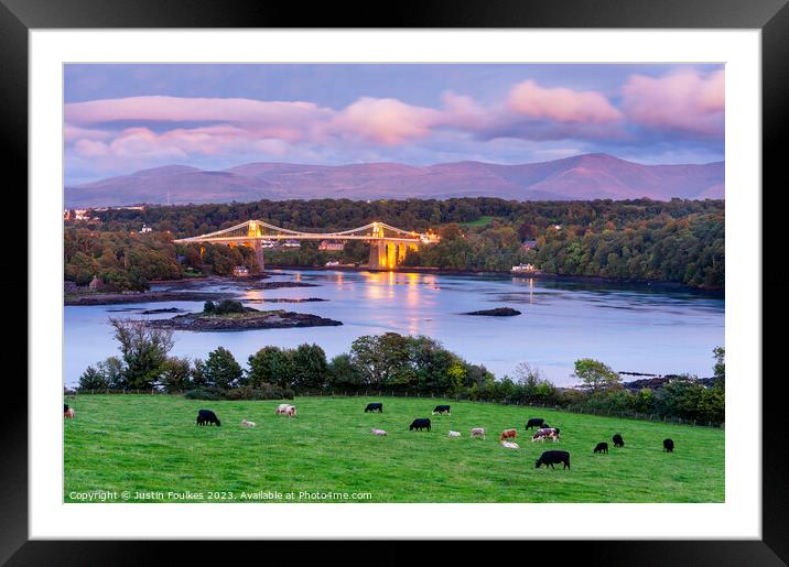 Menai bridge at night, Anglesey, Wales Framed Mounted Print by Justin Foulkes