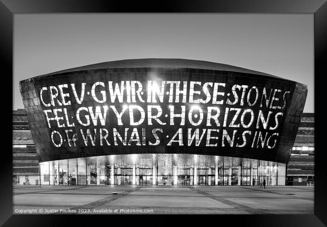 Wales Millennium Centre, in black and white, Cardiff Bay, Cardiff, Framed Print by Justin Foulkes