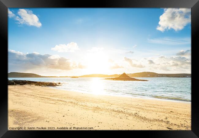 Sunset over Bryher, from Tresco, Isles of Scilly Framed Print by Justin Foulkes