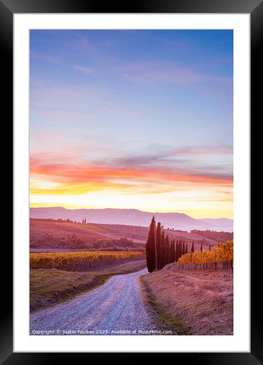 Vineyards at sunset, Tuscany, Italy  Framed Mounted Print by Justin Foulkes