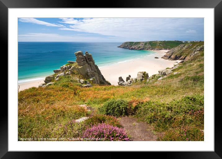 Pednvounder and Porthcurno beaches from Treen Clif Framed Mounted Print by Justin Foulkes