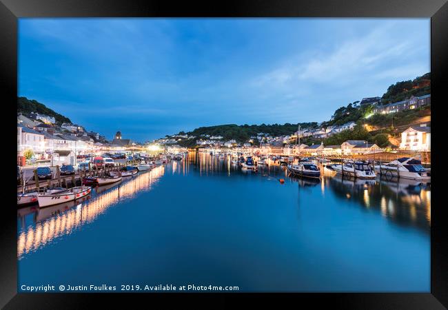 Looe harbour and the river, at night Framed Print by Justin Foulkes