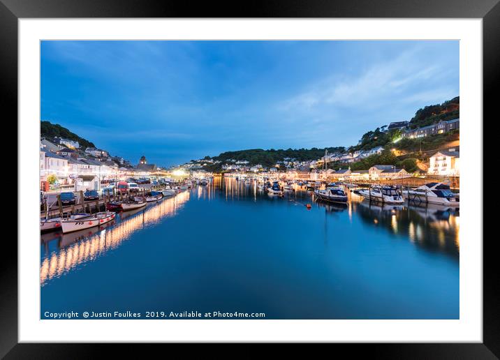 Looe harbour and the river, at night Framed Mounted Print by Justin Foulkes