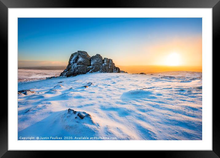 Haytor after snow, at sunrise, Dartmoor, Devon Framed Mounted Print by Justin Foulkes