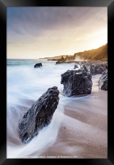 Rocks at Great Mattiscombe Sands, South Devon Framed Print by Justin Foulkes