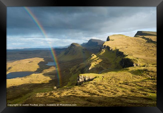 Rainbow over the Trotternish ridge, Isle of Skye Framed Print by Justin Foulkes