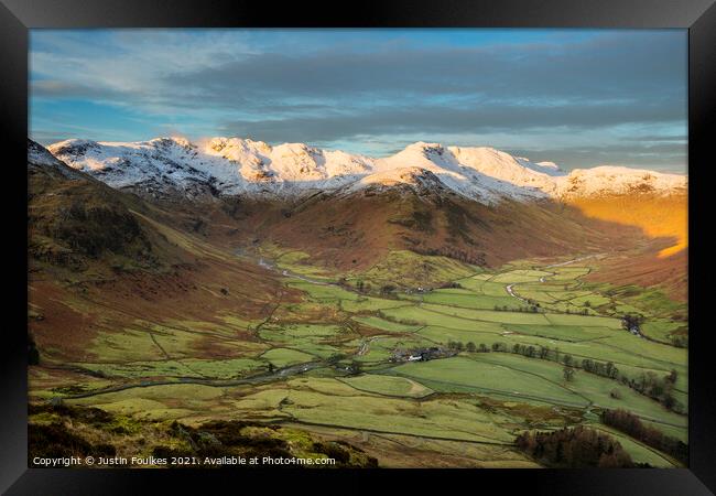 Bowfell, Crinkle Crags and the Langdale valley Framed Print by Justin Foulkes