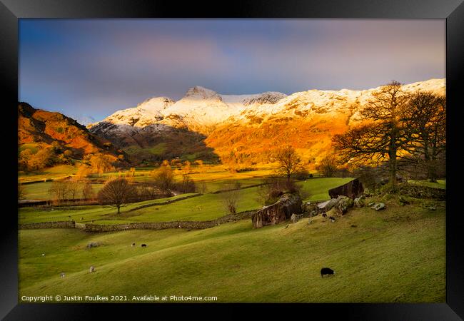 The Langdale Valley, at sunrise, Lake District, UK Framed Print by Justin Foulkes